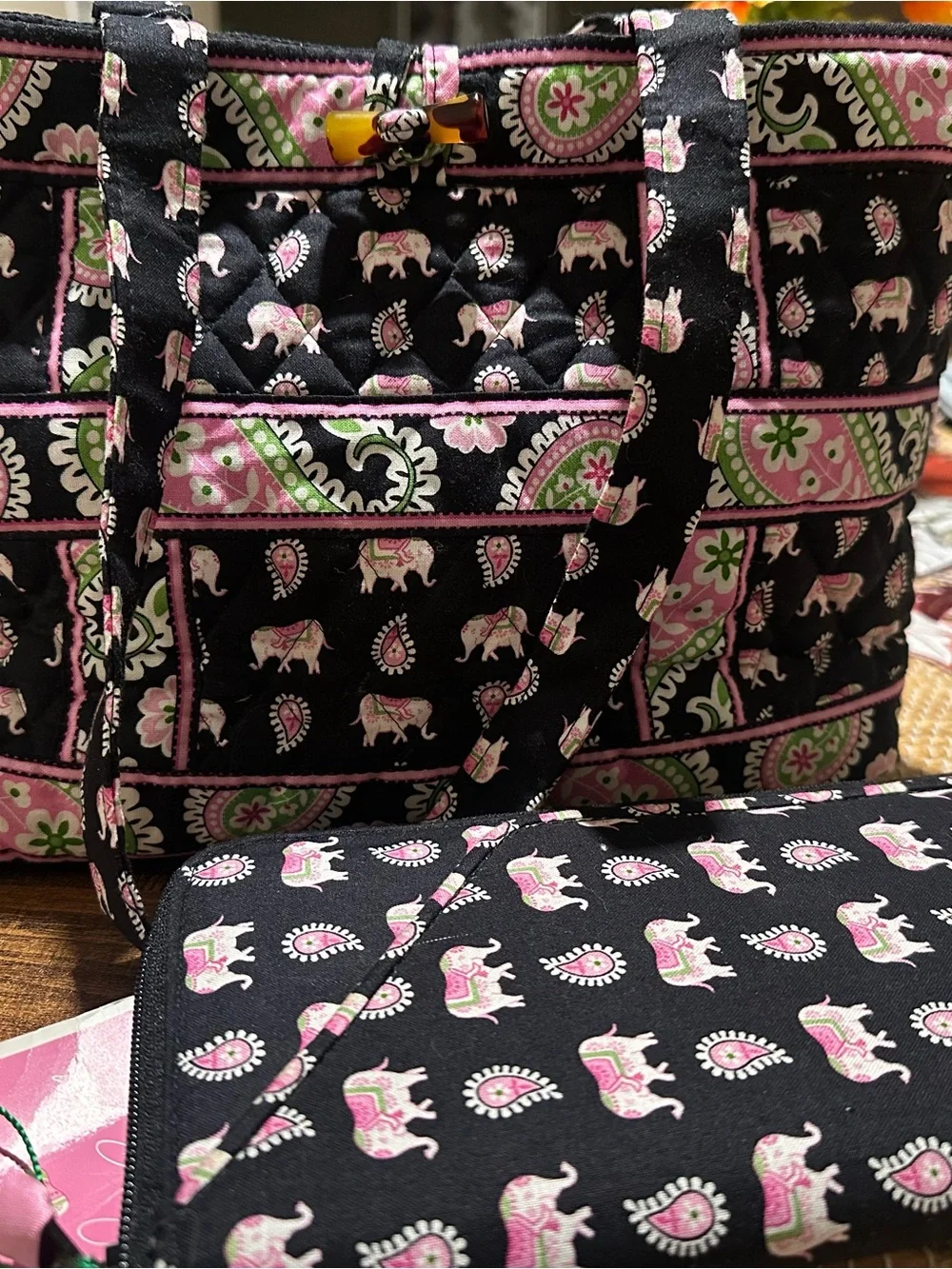 Vera Bradley Black Tote and Pouch with Pink and Green Elephant Print
